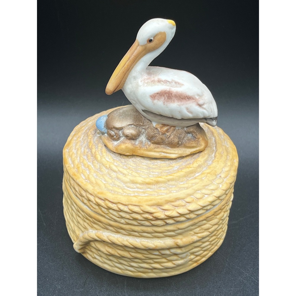 Ceramic Pelican Rope Trinket Box Lid Coastal Nautical Bird Figurine 4.25" Vtg